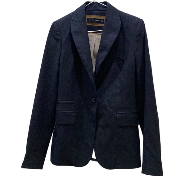 Zara Women Navy Blue Fine Corduroy Elbow Patch Tailored Jacket Coat  XSmall - Picture 1 of 10